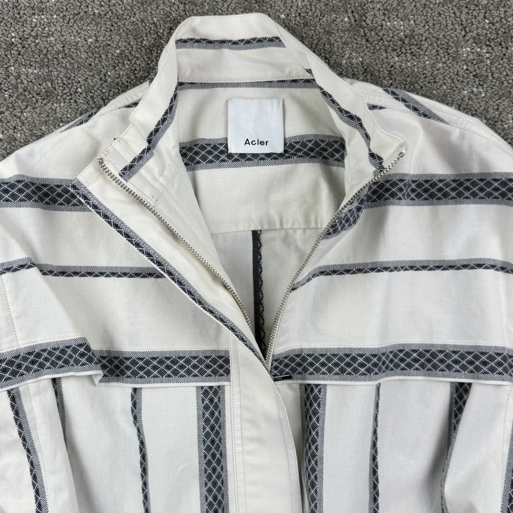 Acler Striped Mini Dress Womens US 4 Cream Grey Puff Sleeve Belted Chic